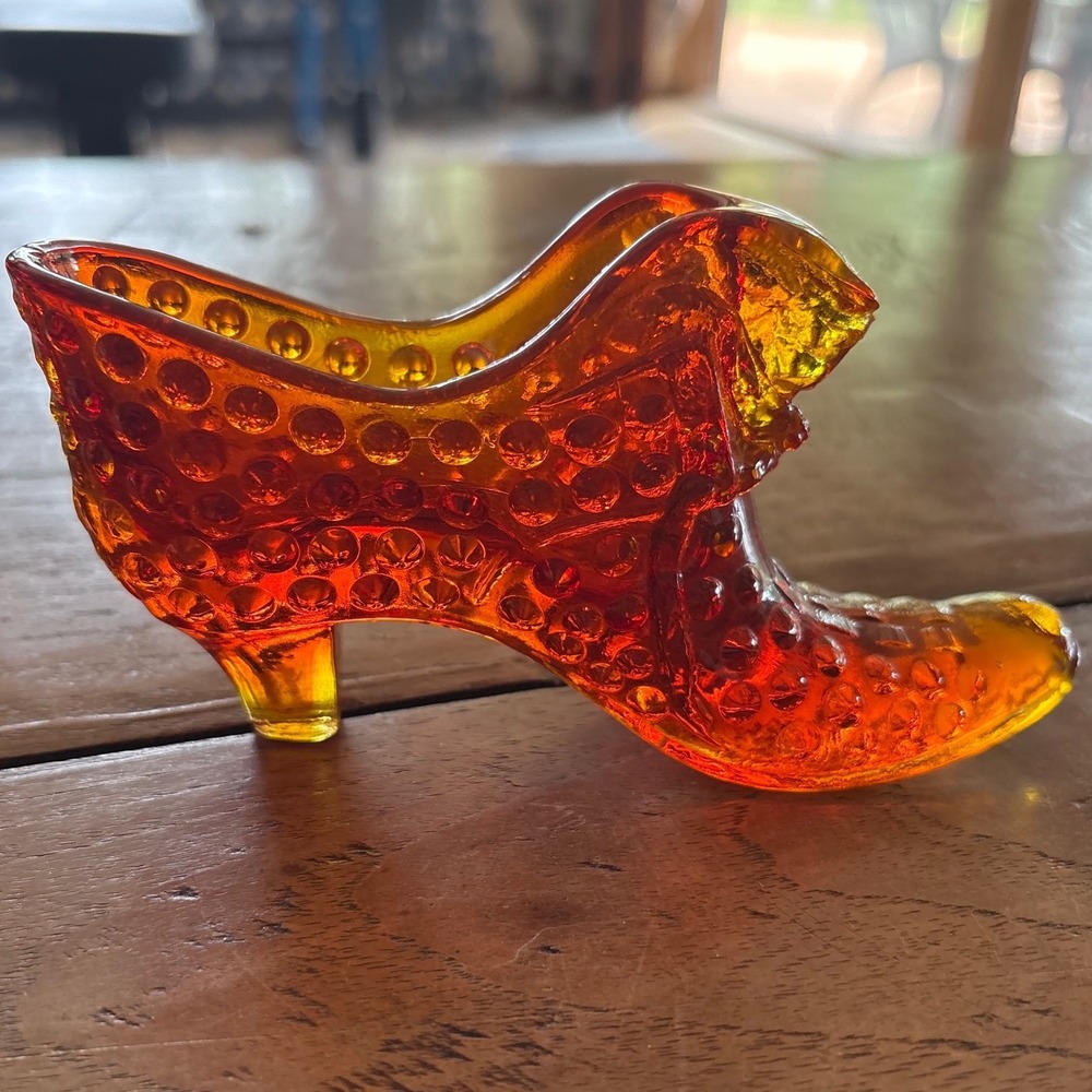 Fenton Amberina Hobnail Glass Shoe Figurine Orange Yellow Victorian Boot 5 inch